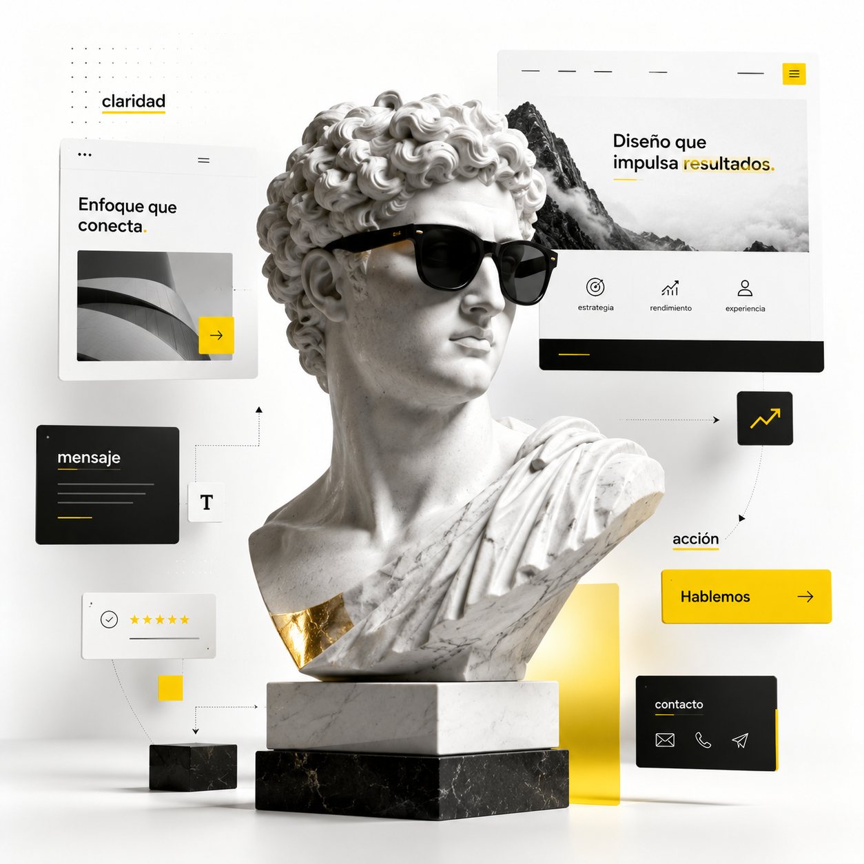 Composición visual de marca con escultura clásica y módulos de página web Visionaurio